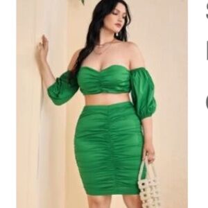 Green Off the shoulder ruched top and skirt